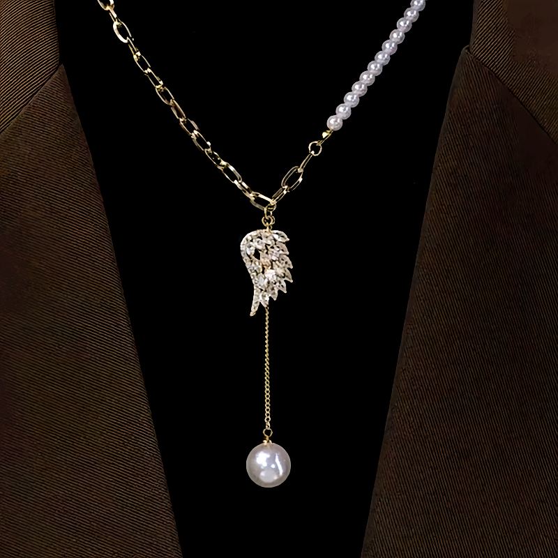 14K Gold-Plated Angel Wing Zircon Pearl Tassel Sweater Necklace