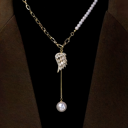 14K Gold-Plated Angel Wing Zircon Pearl Tassel Sweater Necklace