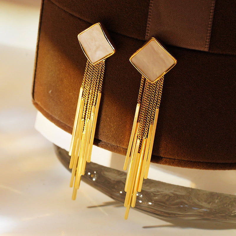 14K Gold-Plated Black And White Rhombus Long Earrings