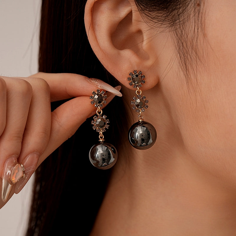 14K Gold-Plated Black Diamond Flower Ball Earrings