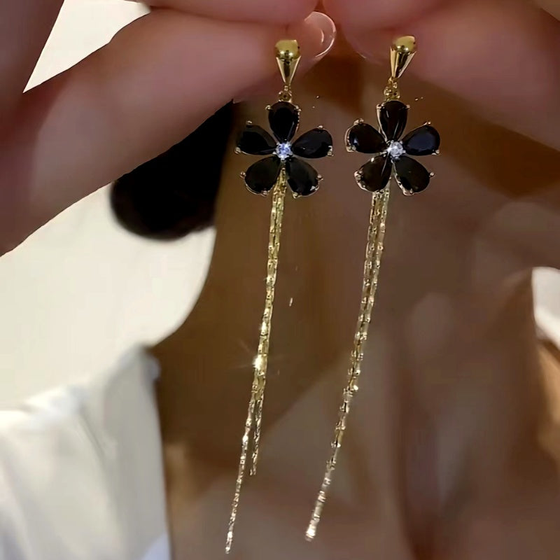 14K Gold-Plated Black Flower Earrings