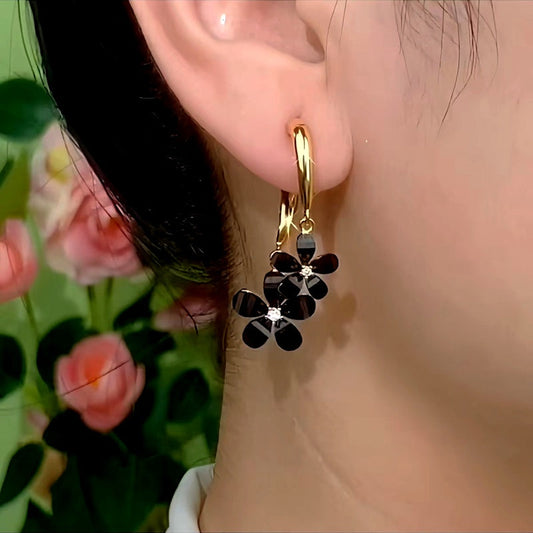 14K Gold-Plated Black Zircon Flower Earrings