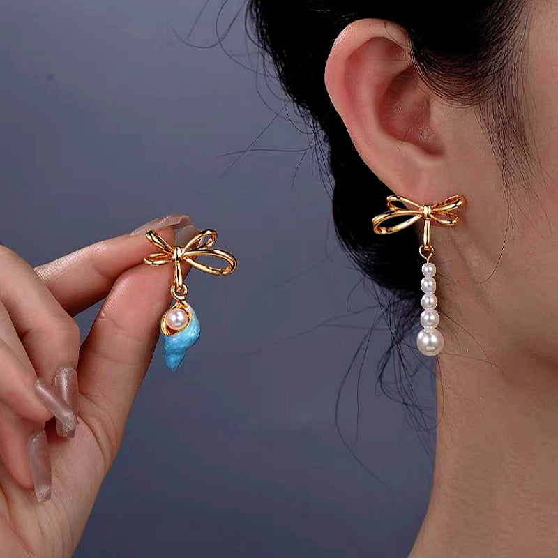 14K Gold-Plated Blue Asymmetrical Conch Pearl Bow Earrings