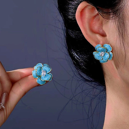 14K Gold-Plated Blue Camellia Earrings