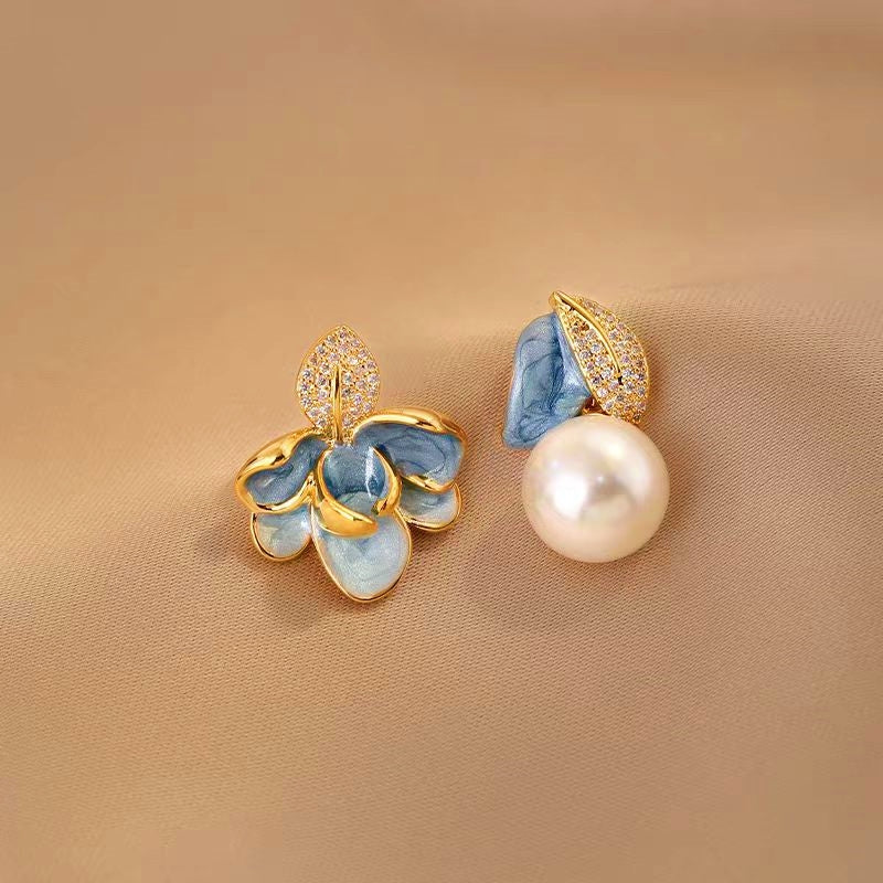 14K Gold-Plated Blue Camellia Pearl Earrings