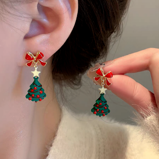 14K Gold-Plated Bow Christmas Green Tree  Earrings