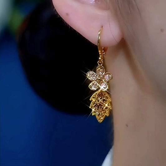 14K Gold-Plated Brown Zircon Flower Leaf Tassel Earrings