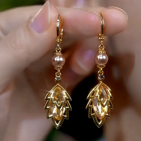 14K Gold-Plated Brown Zircon Jade Leaf Pearl Earrings