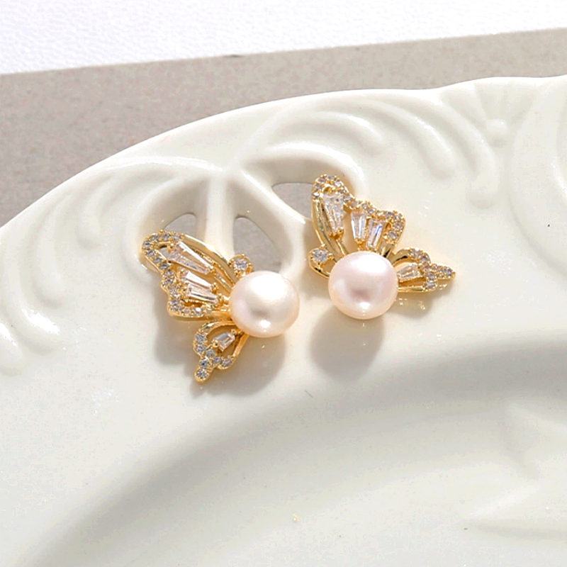 14K Gold-Plated Butterfly Pearl Stud Earrings