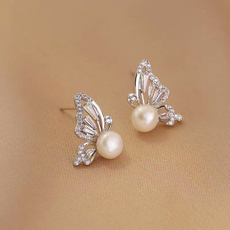 14K Gold-Plated Butterfly Pearl Stud Earrings