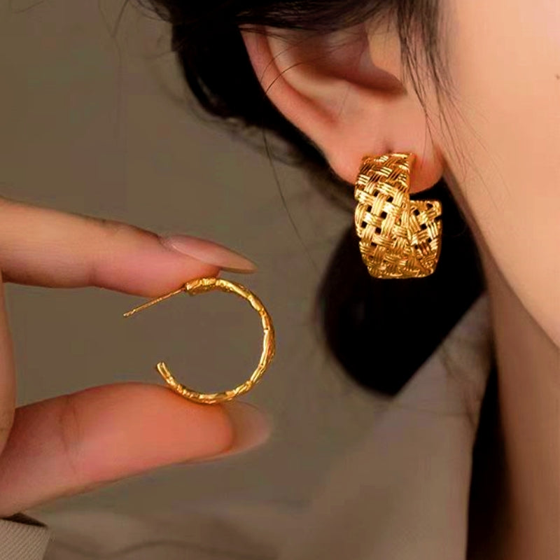 14K Gold-Plated C-Shaped Woven Pattern Earrings