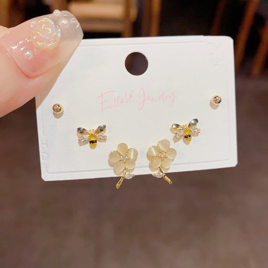 14K Gold-Plated Cat's Eye Flower Bee Three-Piece Stud Earrings