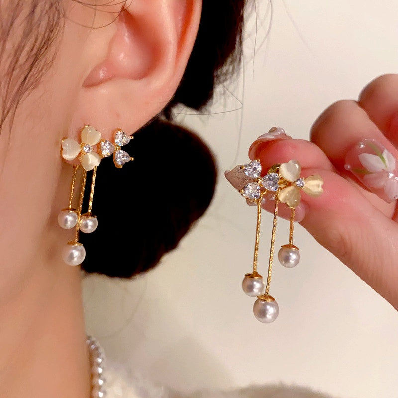 14K Gold-Plated Cat's Eye Stone Flower Tassel Earrings