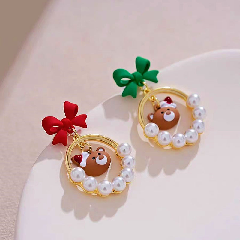 14K Gold-Plated Christmas Bow Asymmetrical Bear Earrings