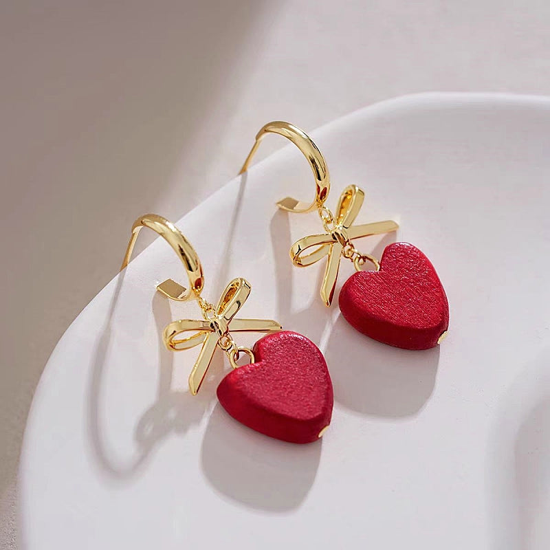 14K Gold-Plated Christmas Bow Red Heart Earrings