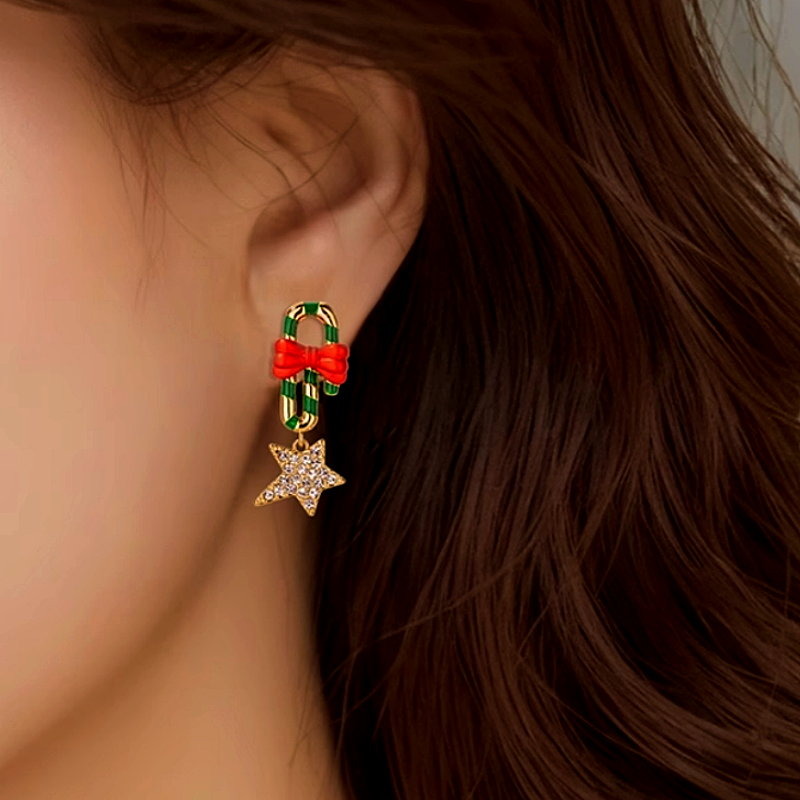 14K Gold-Plated Christmas Bow Star Earrings