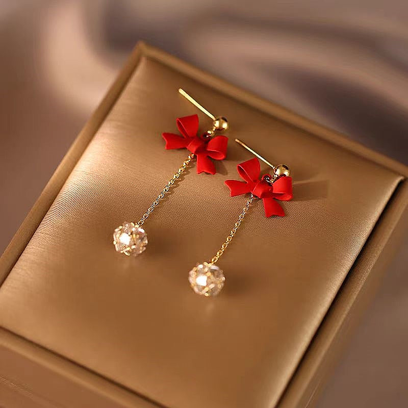 14K Gold-Plated Christmas Bow Tassel Earrings