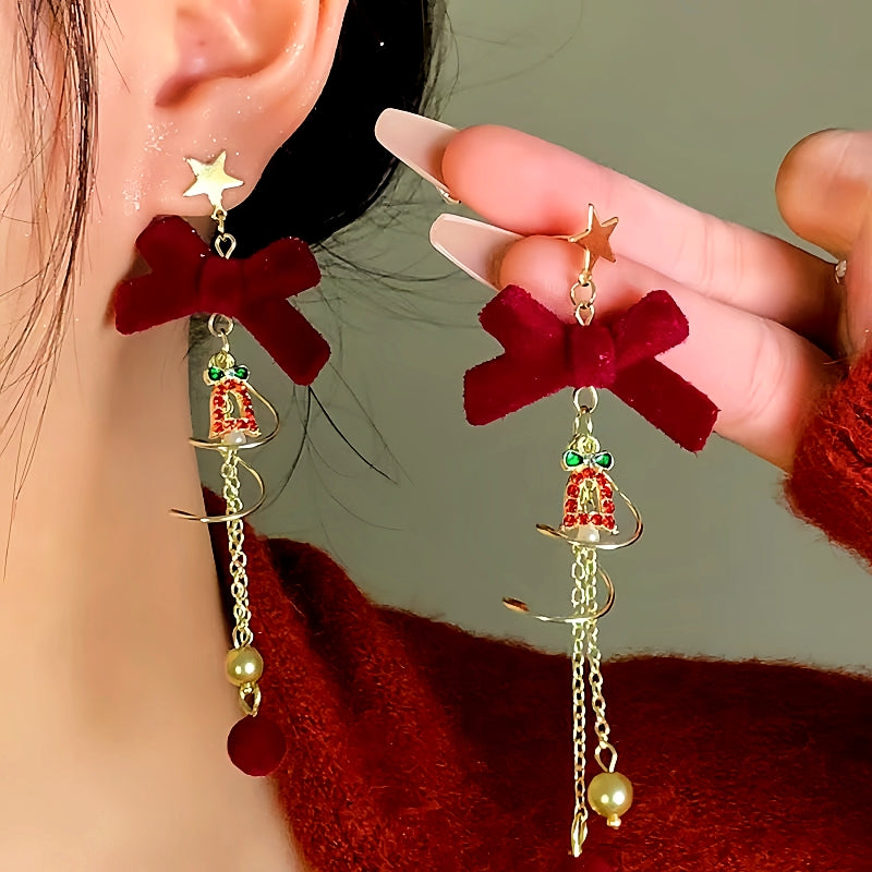 14K Gold-Plated Christmas Bow Tassel Earrings