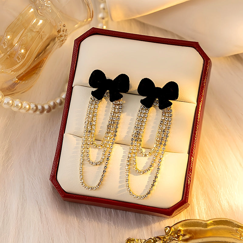 14K Gold-Plated Christmas Diamond And Zircon Flocked Bow Tassel Earrings