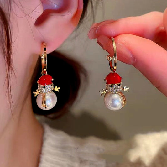 14K Gold-Plated Christmas Diamond Pearl Snowman Earrings