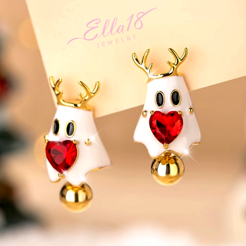 14K Gold-Plated Christmas Elk Zircon Heart Earrings