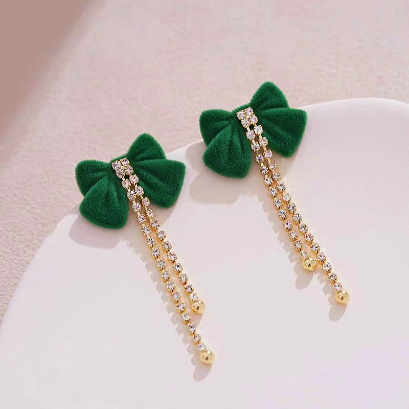 14K Gold-Plated Christmas Green Bow Tassel Earrings