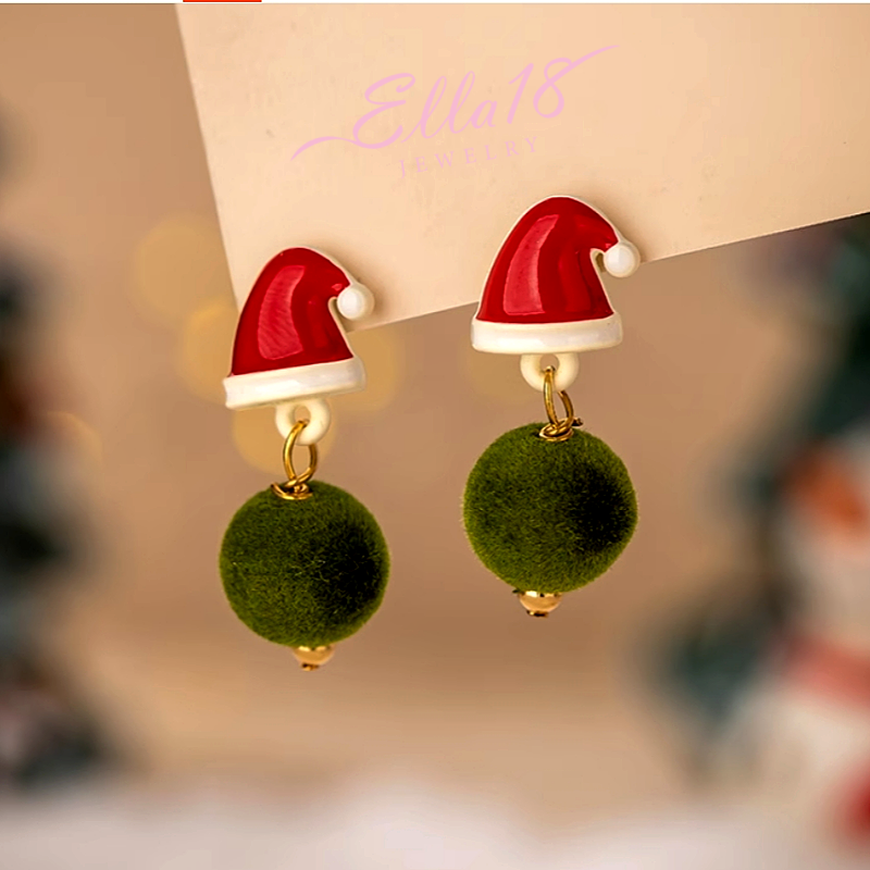 14K Gold-Plated Christmas Hat Plush Ball Earrings