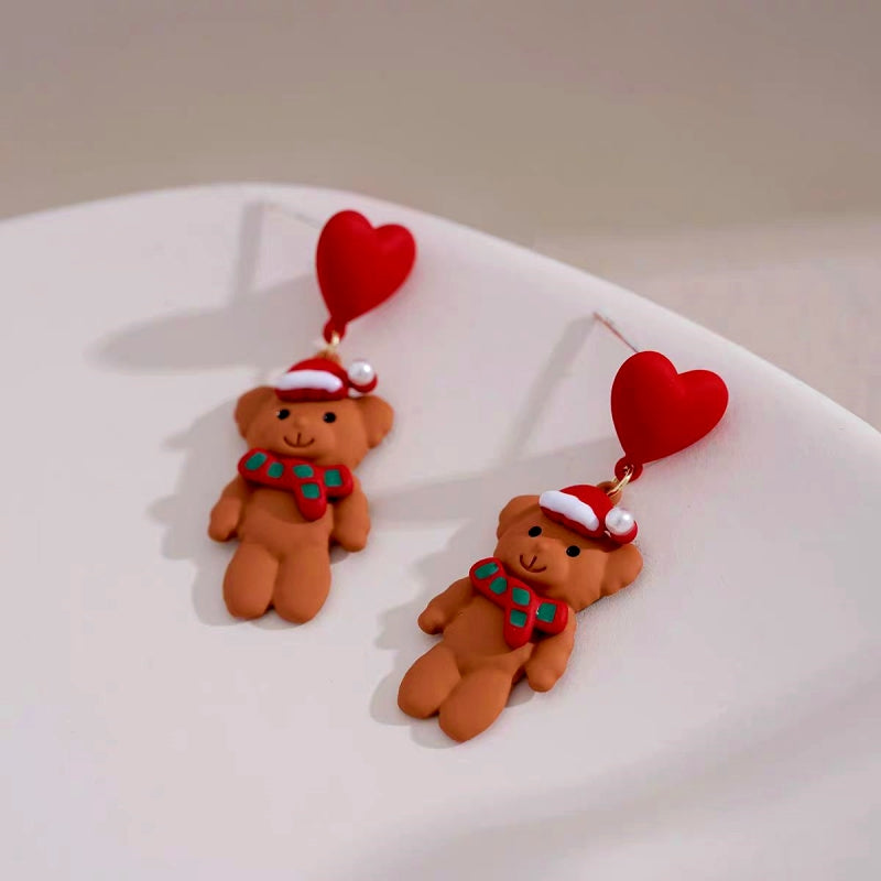 14K Gold-Plated Christmas Heart Brown Bear Earrings