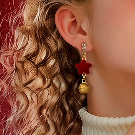 14K Gold-Plated Christmas Red Star Bell Earrings