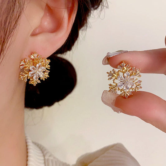 14K Gold-Plated Christmas Rotating Zircon Snowflake Earrings