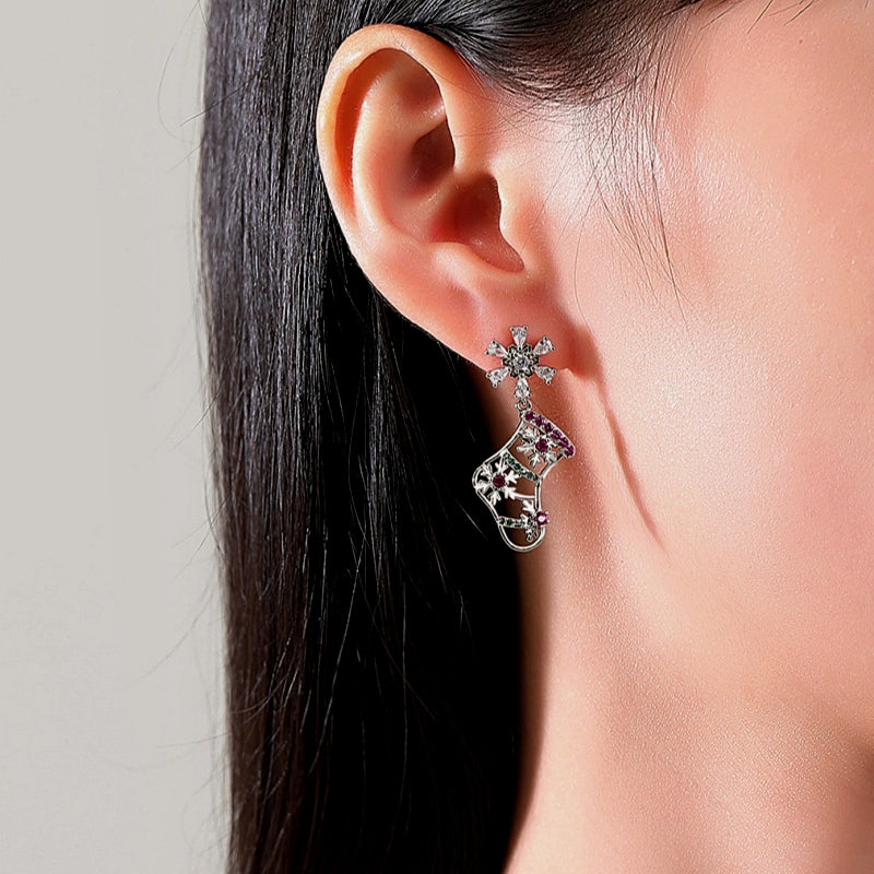 14K Gold-Plated Christmas Stocking Zircon Snowflake Earrings