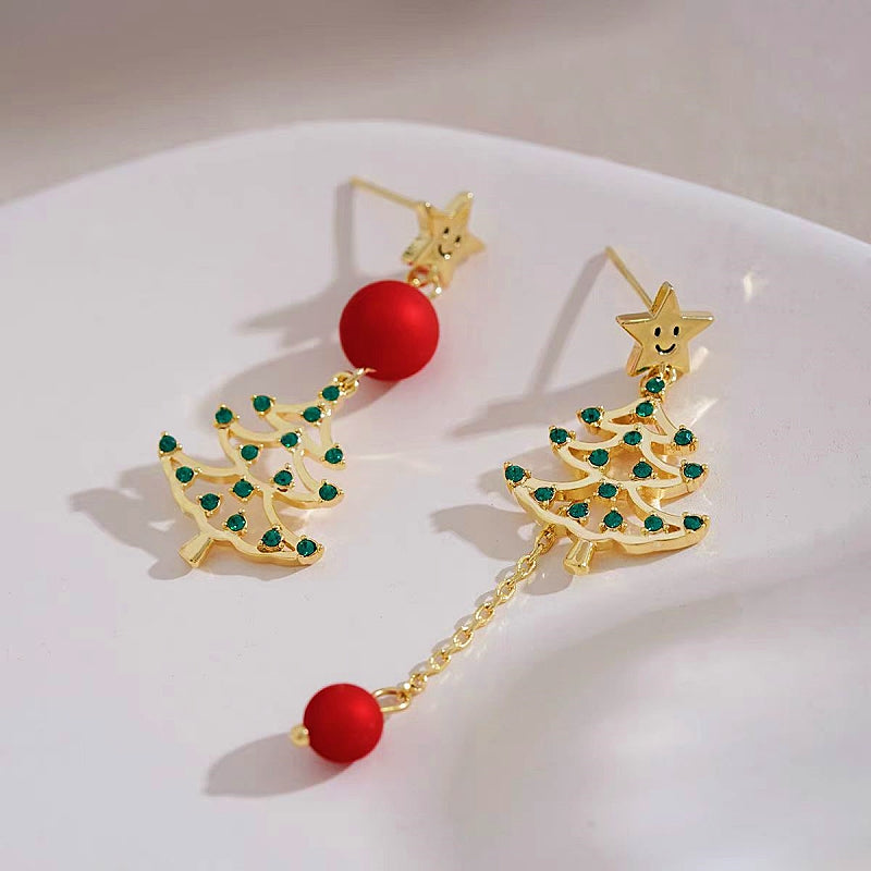 14K Gold-Plated Christmas Tree Asymmetrical Star Earrings