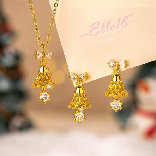 14K Gold-Plated Christmas Tree Bow Bell Necklace And Earrings Set