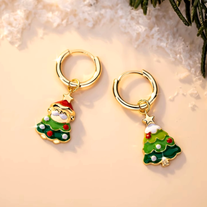 14K Gold-Plated Christmas Tree Santa Claus Earrings