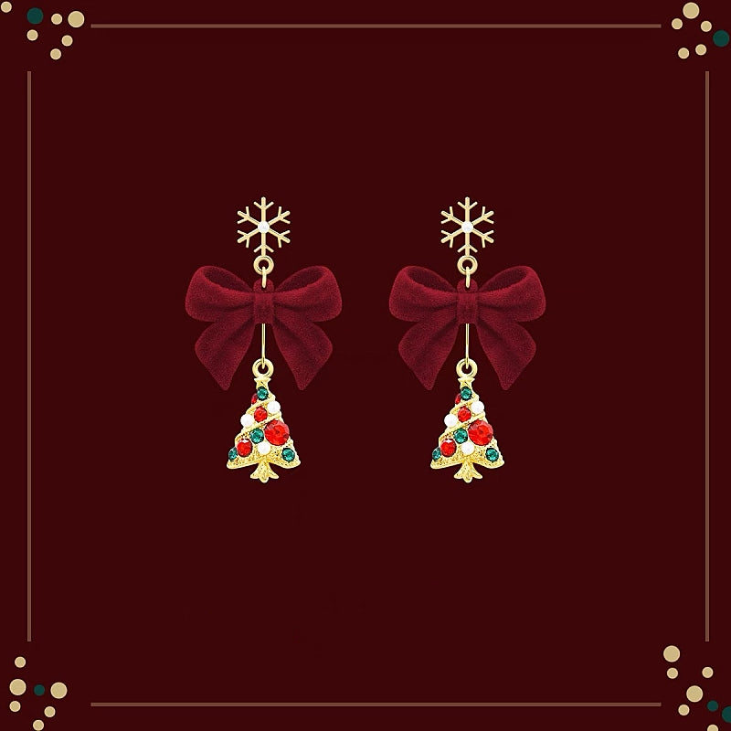 14K Gold-Plated Christmas Tree Snowflake Bow Earrings