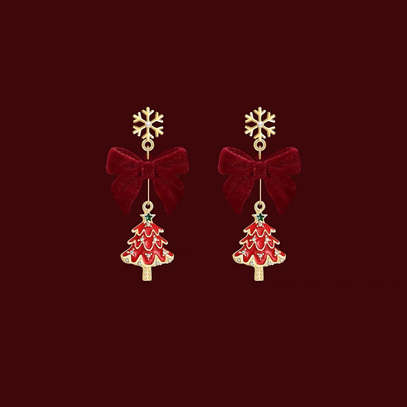 14K Gold-Plated Christmas Tree Snowflake Bow Earrings