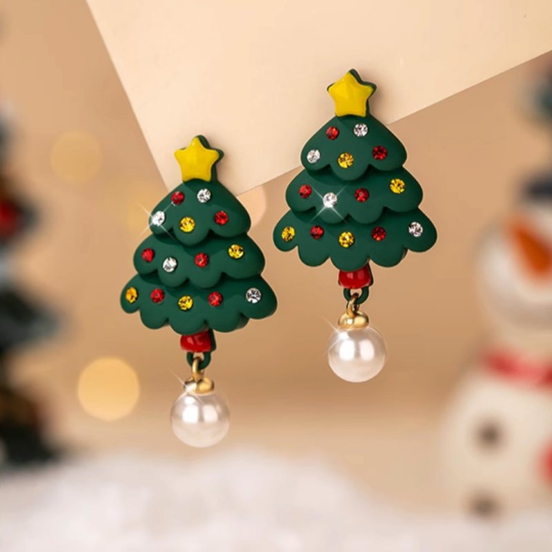 14K Gold-Plated Christmas Tree Star Pearl Earrings