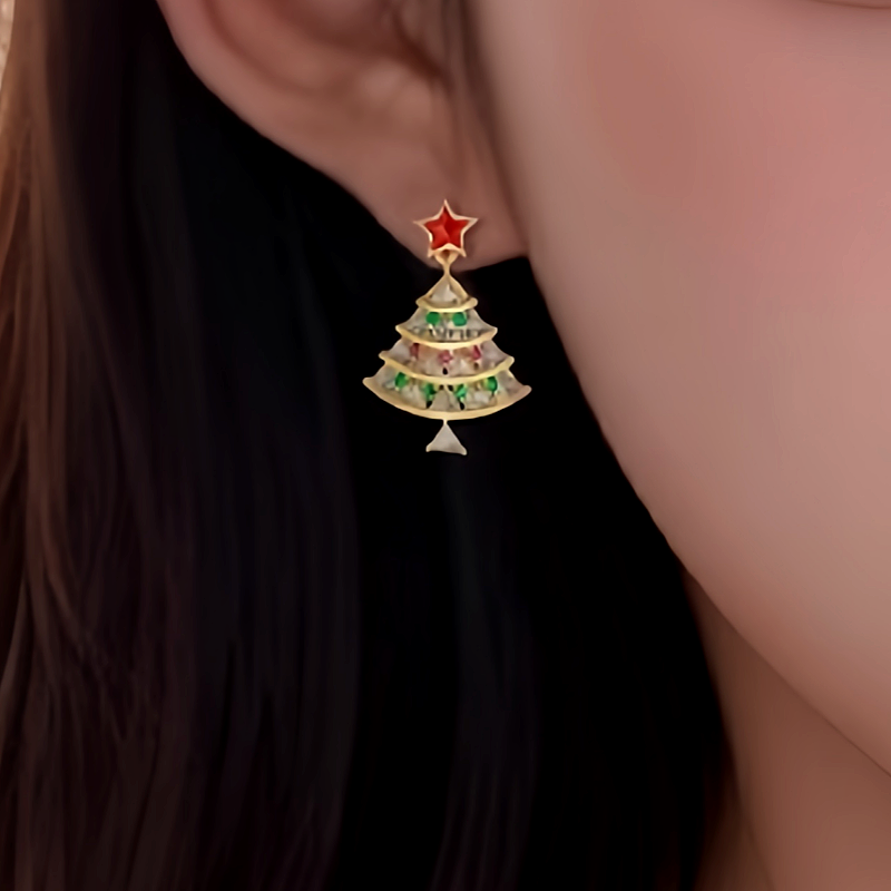 14K Gold-Plated Christmas Tree Zircon Star Earrings