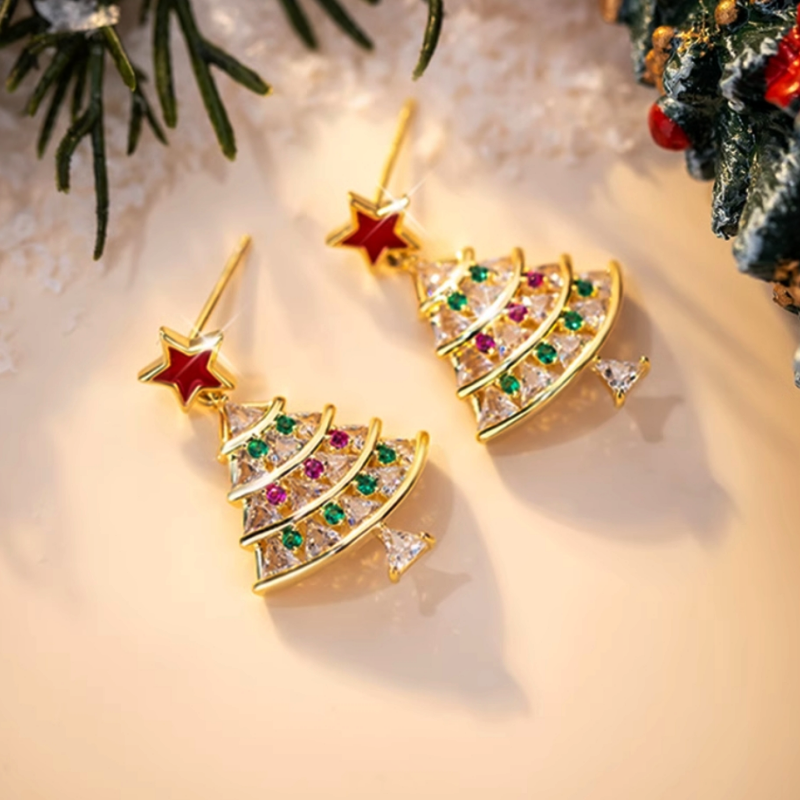 14K Gold-Plated Christmas Tree Zircon Star Earrings