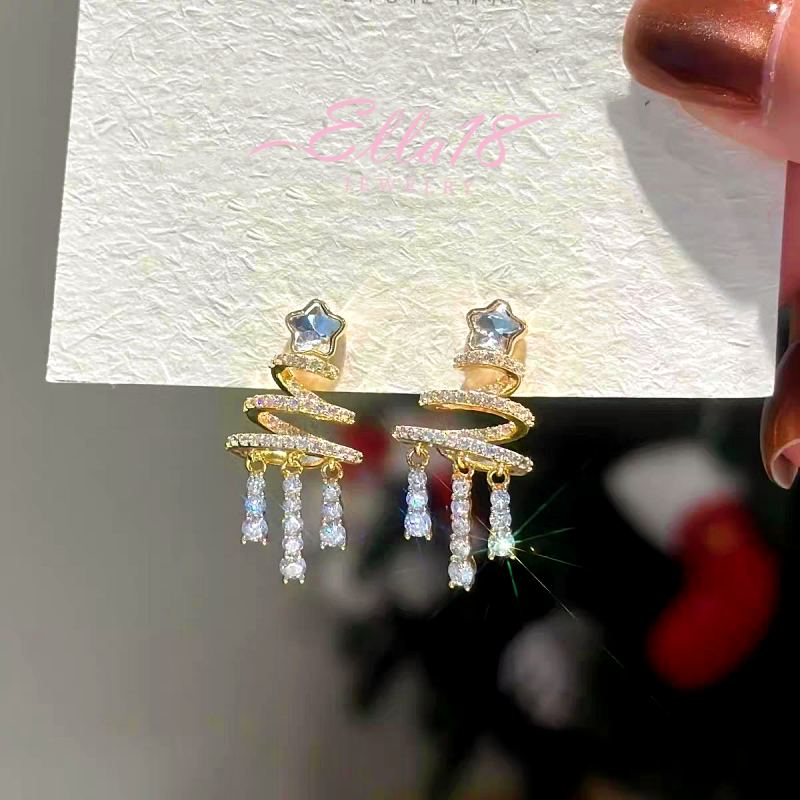 14K Gold-Plated Christmas Tree Zircon Tassel Earrings