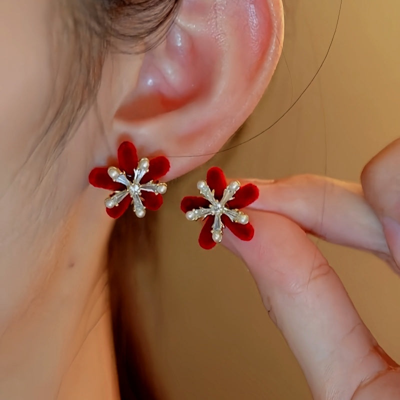 14K Gold-Plated Christmas Velvet Snowflake Stud Earrings