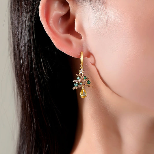 14K Gold-Plated Christmas Zircon Colored Christmas Tree Earrings