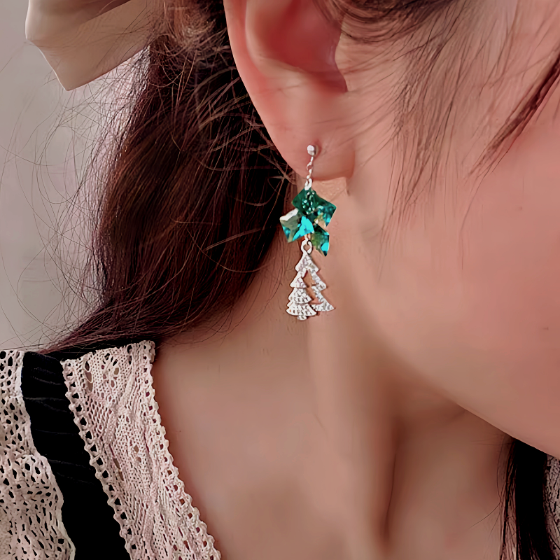 14K Gold-Plated Christmas Zircon Turquoise Crystal Tree Earrings