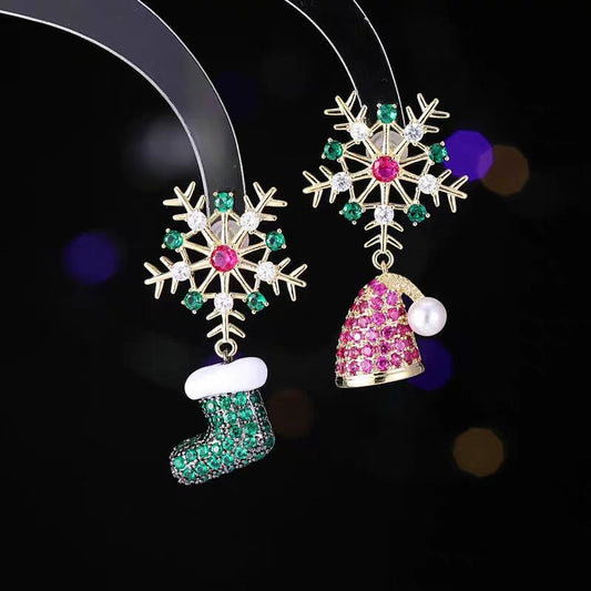 14K Gold-Plated Colorful Christmas Snowflake Boots Hat Earrings