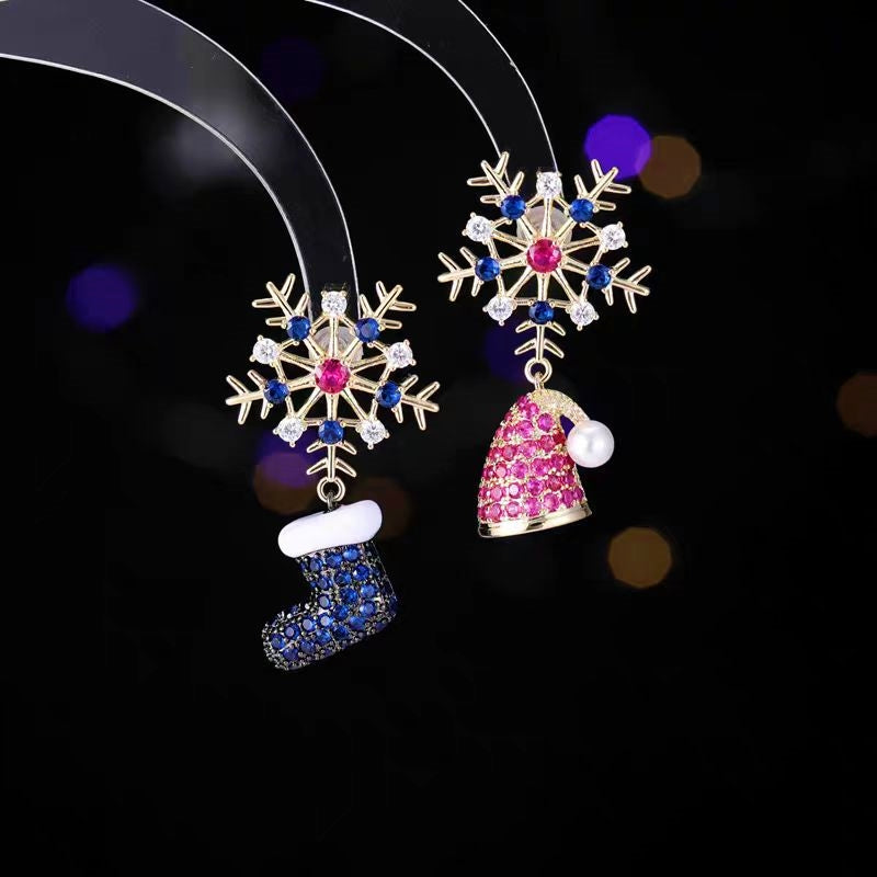 14K Gold-Plated Colorful Christmas Snowflake Boots Hat Earrings