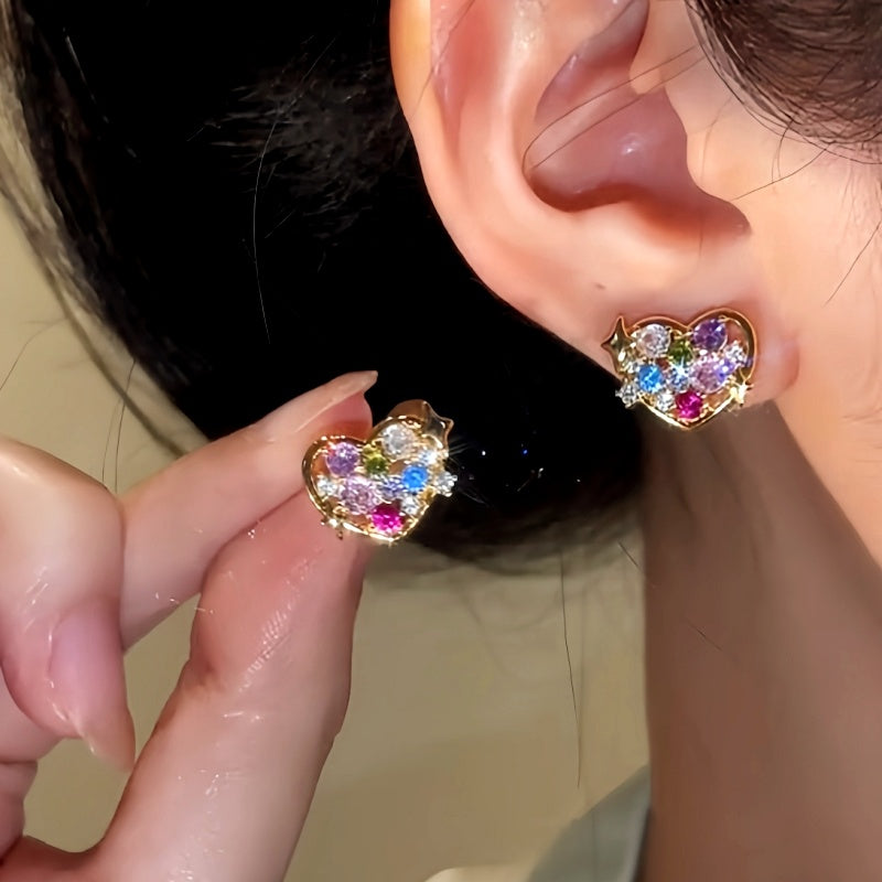 14K Gold-Plated Colorful Zircon Diamond Heart Stud Earrings