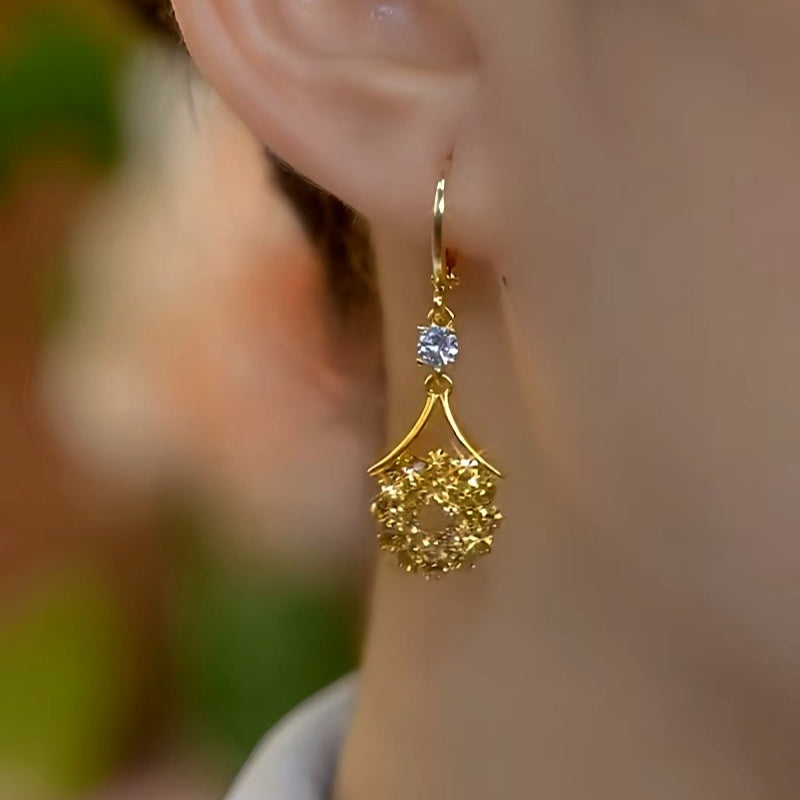 14K Gold-Plated Diamond-Studded Brown Water Drop Tassel Earrings