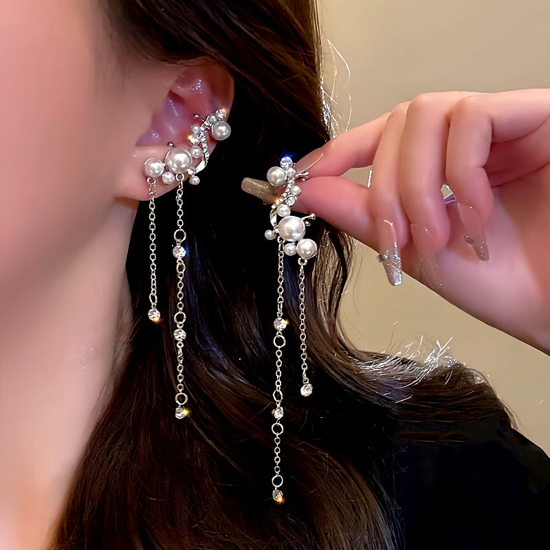 14K Gold-Plated Diamond-Studded Tassel Ear Bone Clip Earrings