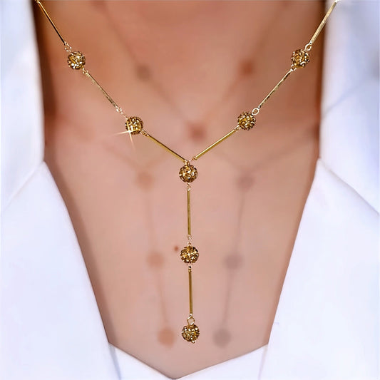 14K Gold-Plated Diamond-Studded Y-Shaped Coffee-Colored Diamond Ball Necklace