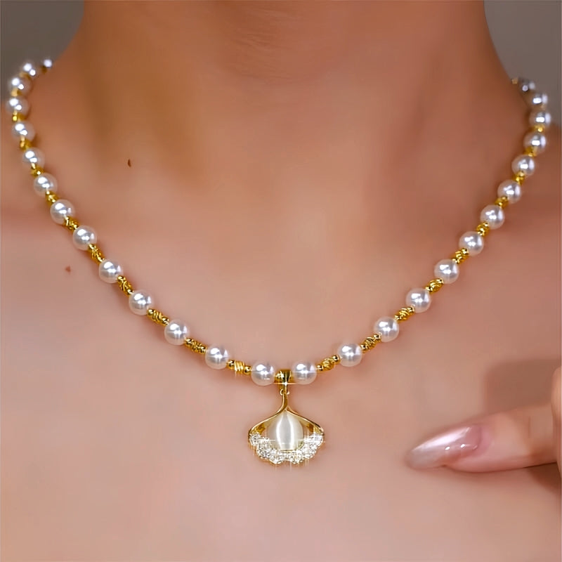 14K Gold-Plated Diamond Cat's Eye Ginkgo Leaf Pearl Necklace